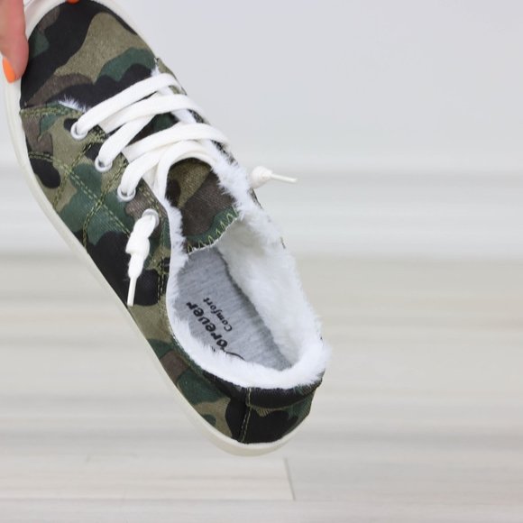 Camouflage Women's Flat Sneakers Canvas Lace Up Round Toe Warm Knit Lining - Picture 6 of 13